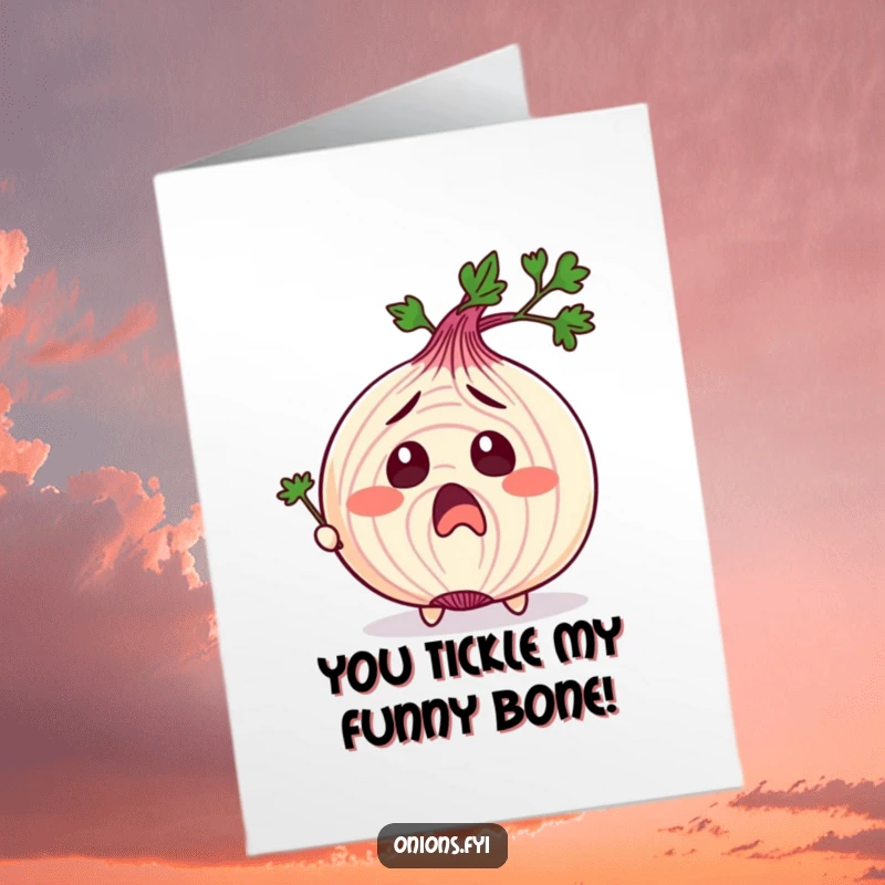 Funny Free Printable Congratulations Card: Onion character comically surprised by a parsley sprig tickle, celebrating with laughter.