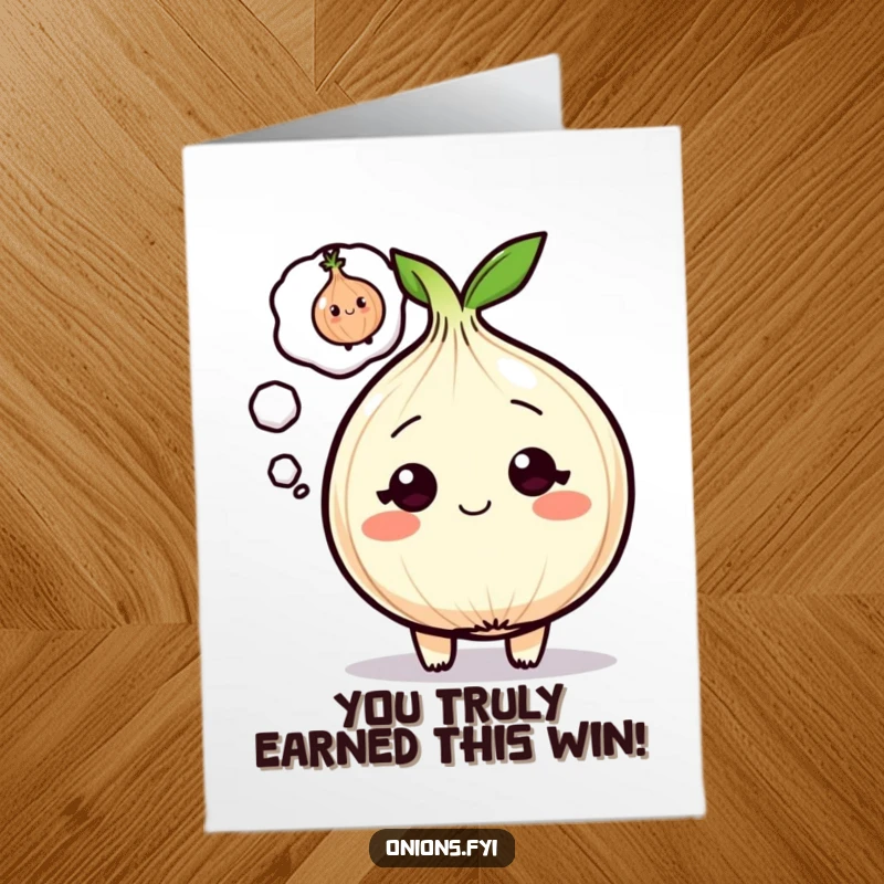 Funny Free Printable Congratulations Card: Onion character contemplating a tiny winking onion, great for a humorous DIY gift.