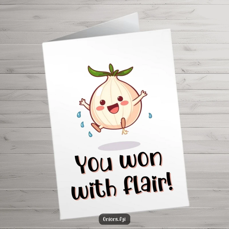 Funny Free Printable congratulations card: onion doing a cartwheel, leaving behind a swirl of happy tears.