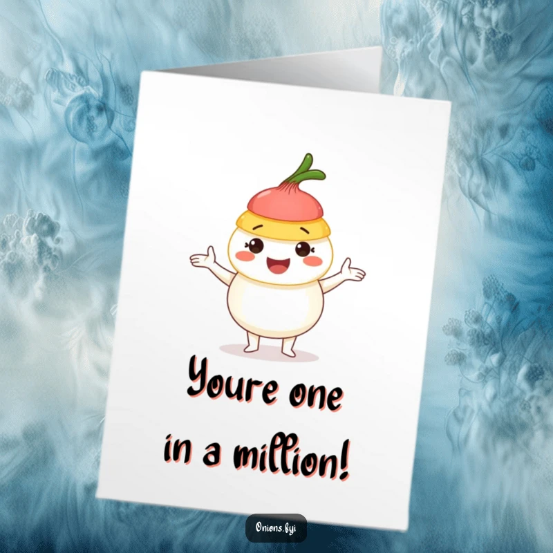 Funny Free Printable Congratulations Card: Amused onion character masterfully juggling onion layers to celebrate achievements.