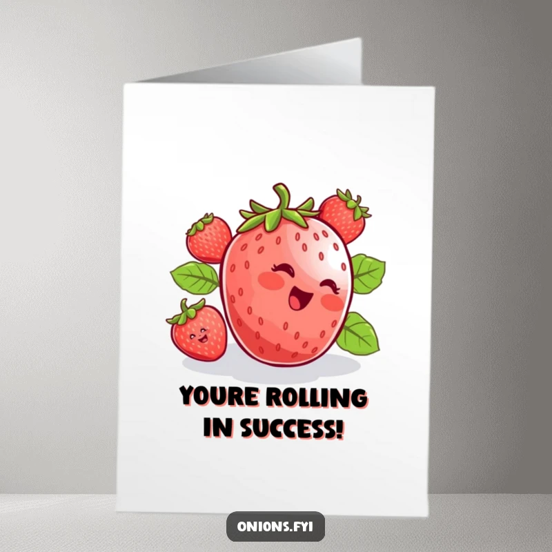Funny Free Printable Congratulations Card with a cheerful strawberry rolling downhill, expressing pure glee, a unique downloadable.