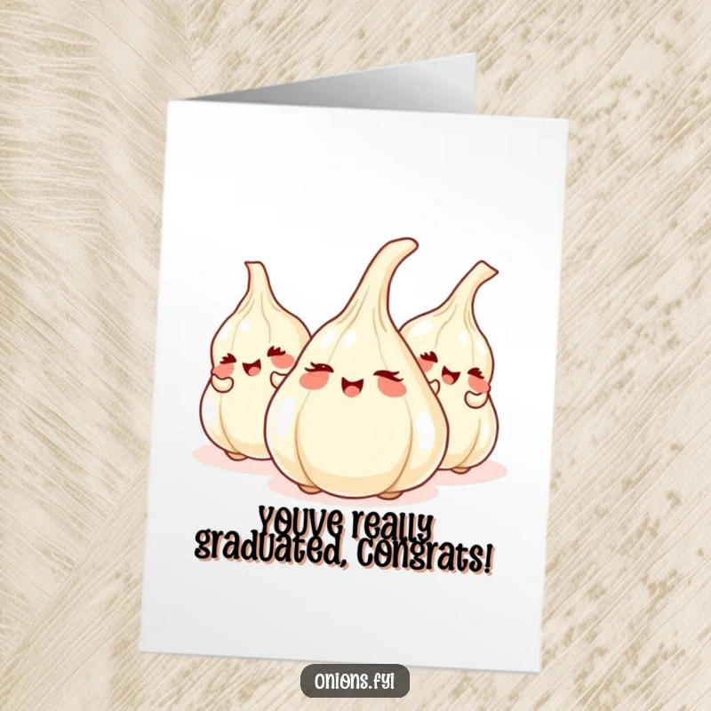 Funny Free Printable Congrats Card: Onions giggling during hide-and-seek behind garlic, a humorous downloadable celebration.
