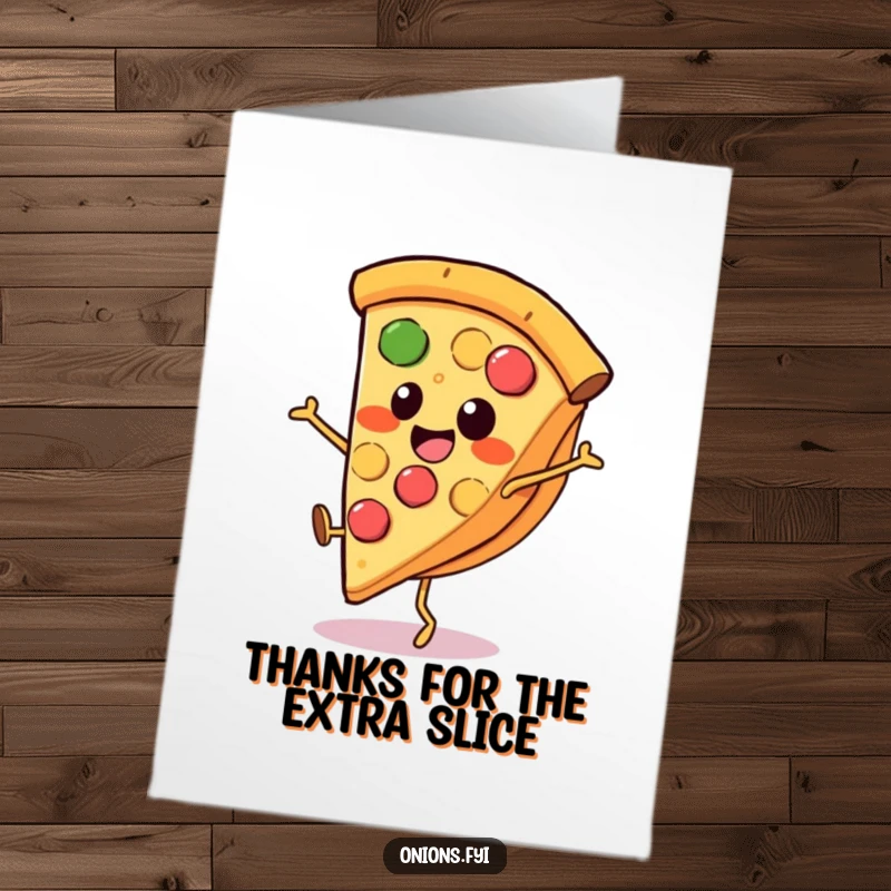 Funny Free Printable Thank You Card: A happy pizza slice on little legs performs a dynamic cartwheel, expressing joyful appreciation.
