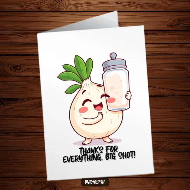 Funny Free Printable Thank You Card: Kawaii onion winking, holding a giant salt shaker, expressing sincere, humorous gratitude.