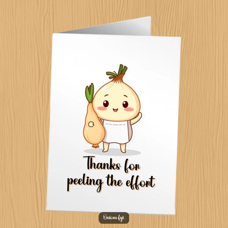 Funny Free Printable Thank You Card: Onion in apron proudly presenting a perfectly peeled root vegetable, a downloadable thank you.