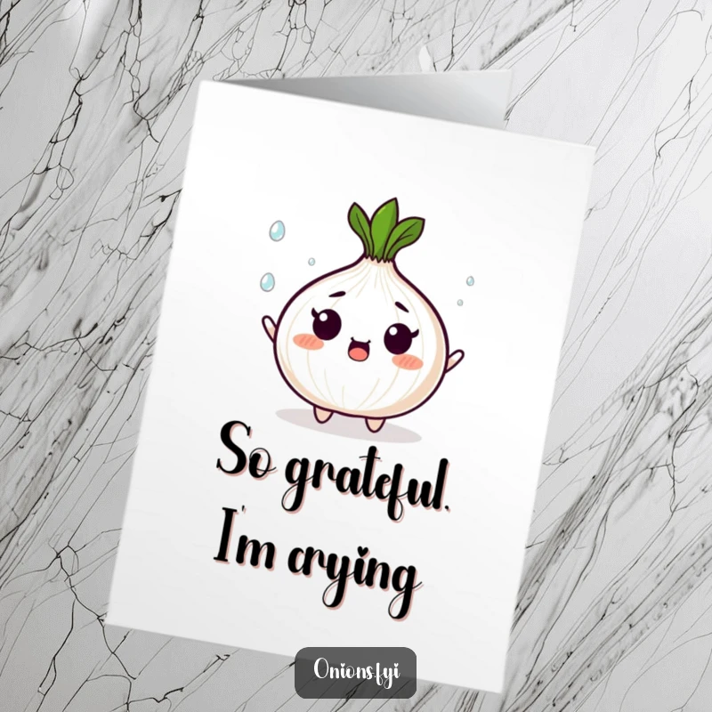 Funny Free Printable Thank You Card: Surprised onion juggles shining droplets, a delightful way to express thanks.