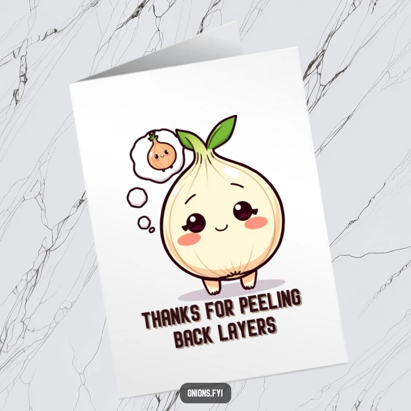 Funny Free Printable Thank You Card: Onion character with a thought bubble showing a winking baby onion, a humorous DIY gift.