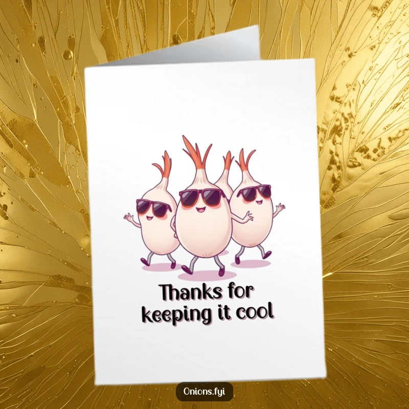 Funny Free Printable thank you card with sunglasses-wearing onions dancing energetically to express thanks.