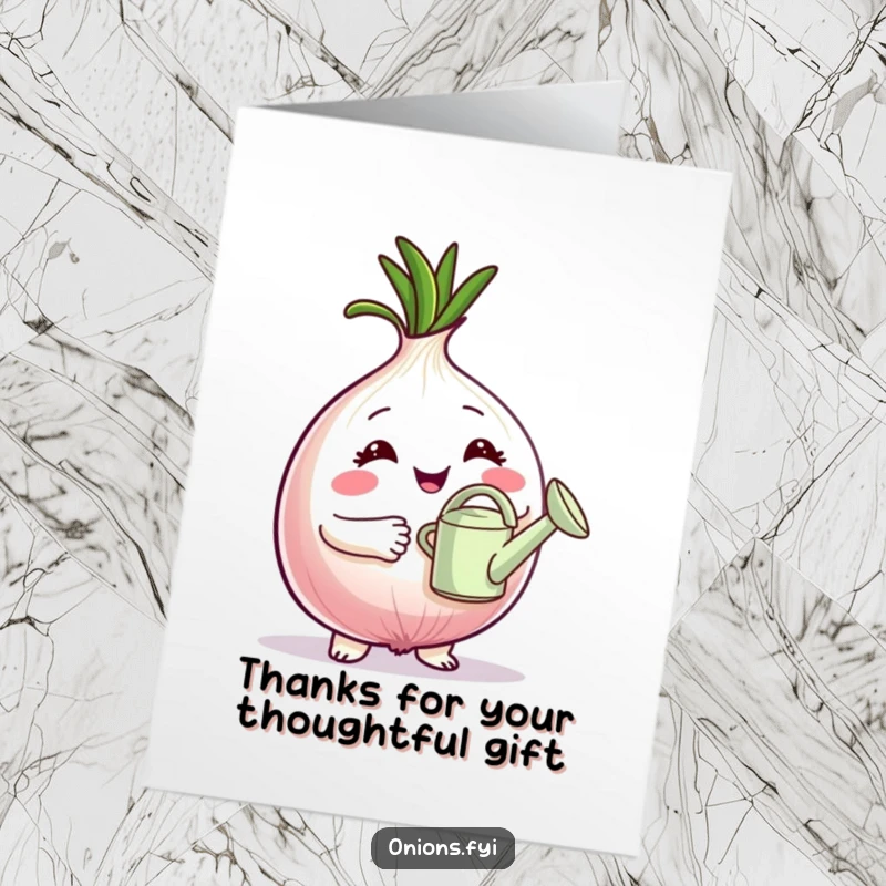 Funny free printable thank you card of a proud onion character holding a tiny watering can, expressing gratitude.