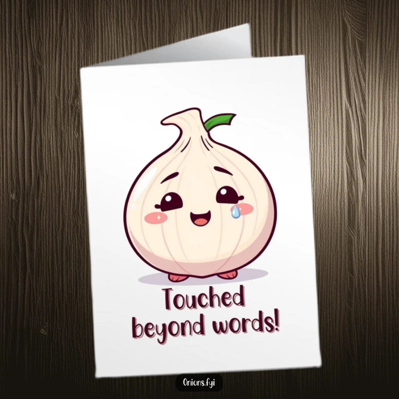 Funny Free Printable Thank You Card of a smiling onion character shedding a single, beautiful sparkly tear.