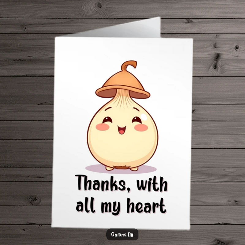 Funny Free Printable Thank You Card: A smiling onion wearing a small, distinguished hat, conveying thanks.