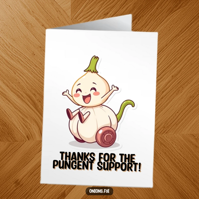 Funny Free Printable Thank You Card: Onion character joyfully riding a garlic clove, a quirky thank you, a print at home delight.