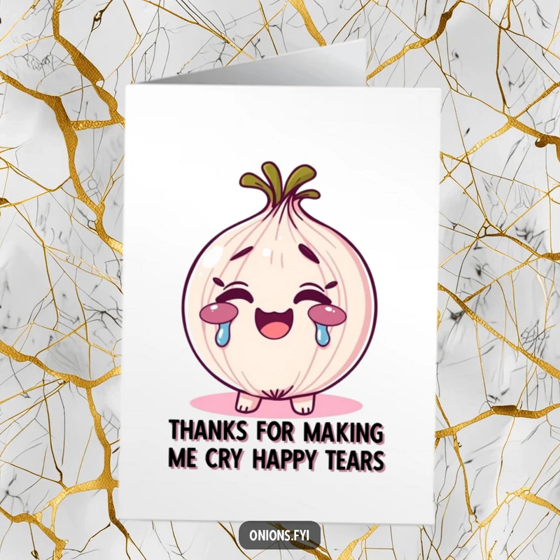 Funny Free Printable Thank You Card: a smiling onion character shedding vibrant rainbow tears, showing gratitude.
