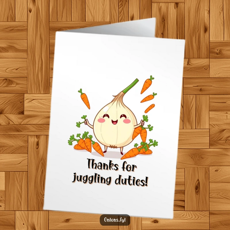 Funny Free Printable Thank You Card depicting a kawaii onion character joyfully juggling multiple miniature carrots with impressive skill.
