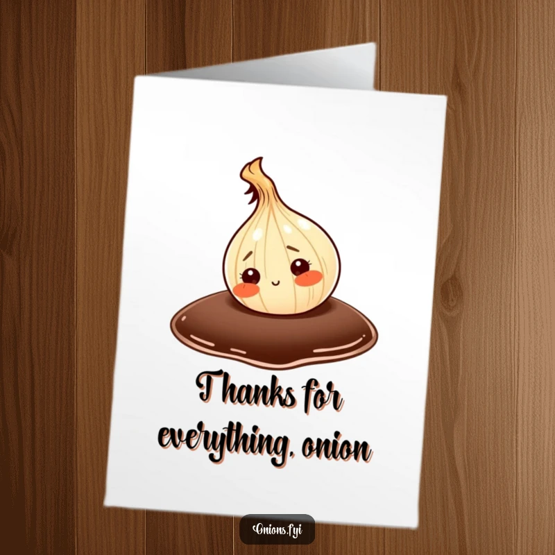 Funny Free Printable Thank You Card: A curious onion character investigates a massive soy sauce drop, a downloadable gift.