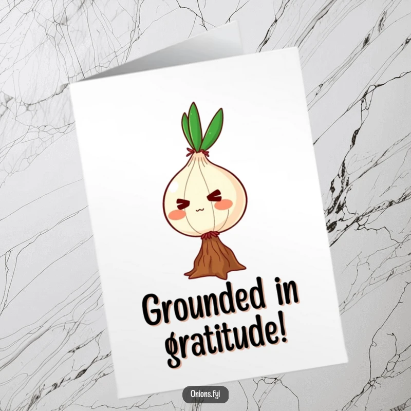 Funny Free Printable Thank You Card featuring a determined onion character trying its best to balance on one root.