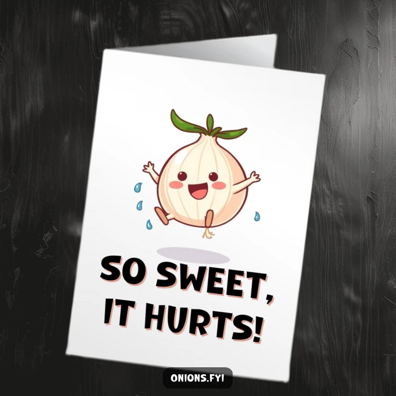 Funny Free Printable thank you card: onion doing a cartwheel, leaving a swirl of tears of gratitude behind.