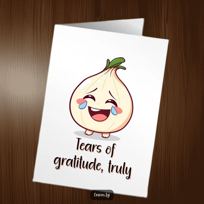 Funny Free Printable Thank You Card: A laughing onion sheds a single, glittering tear, a humorous expression of gratitude.