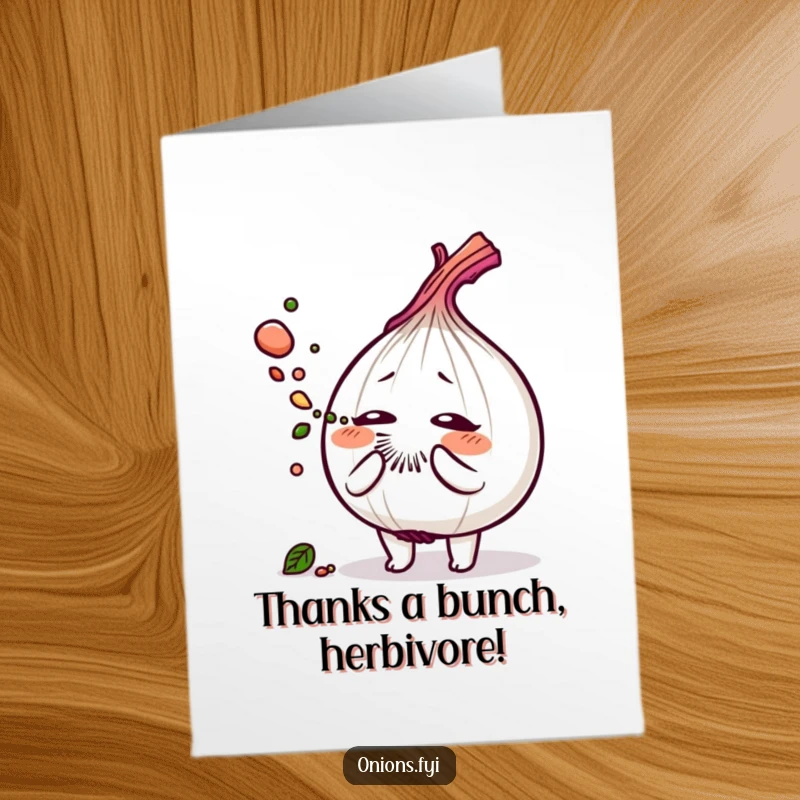 Funny Free Printable Thank You Card: An onion character sneezes savory herb dust; a unique downloadable expression of gratitude.