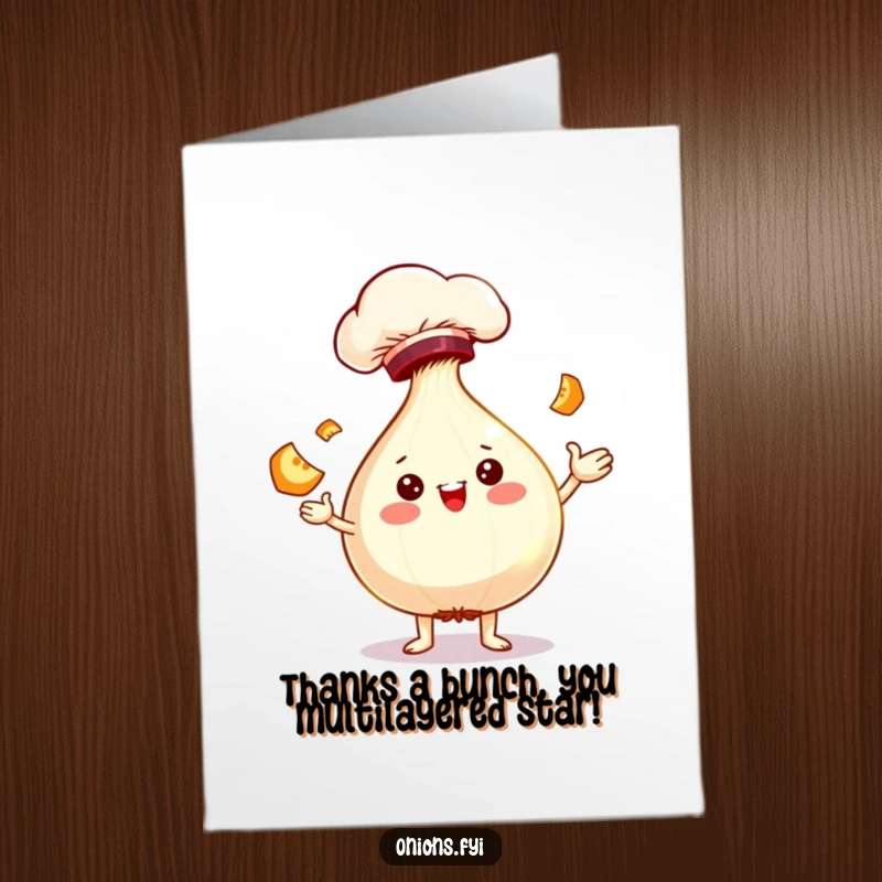 Funny Free Printable Thank You Card: Joyful onion chef wearing a hat, skillfully juggling small food items.
