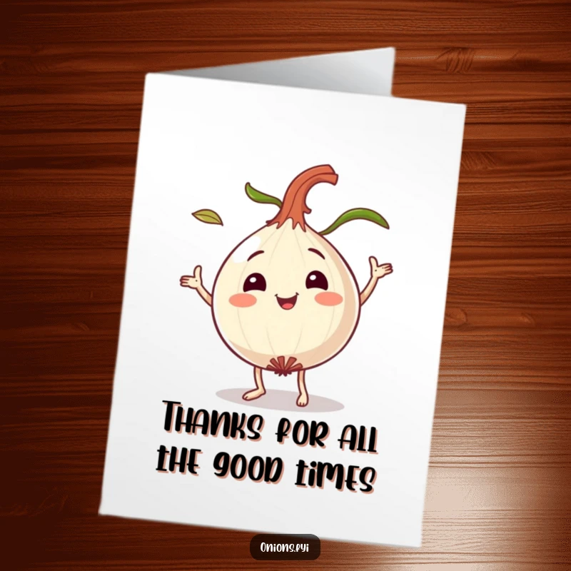 Funny Free Printable Thank You Card: a smiling onion character doing a happy dance, its leaves flying dynamically.
