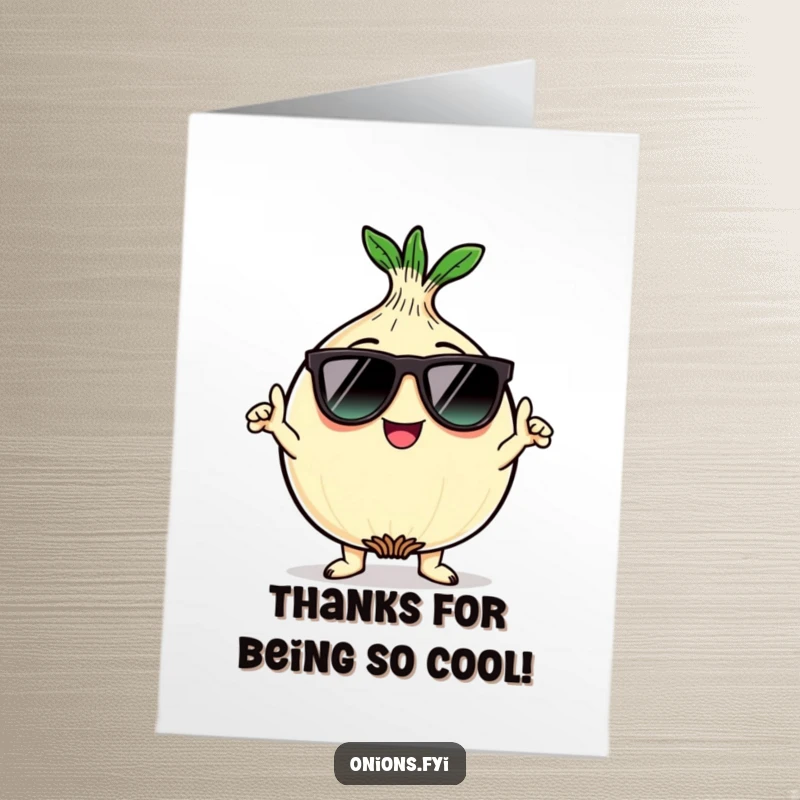 Funny free printable thank you card: Kawaii onion character with sunglasses giving a cool pose, saying thanks.