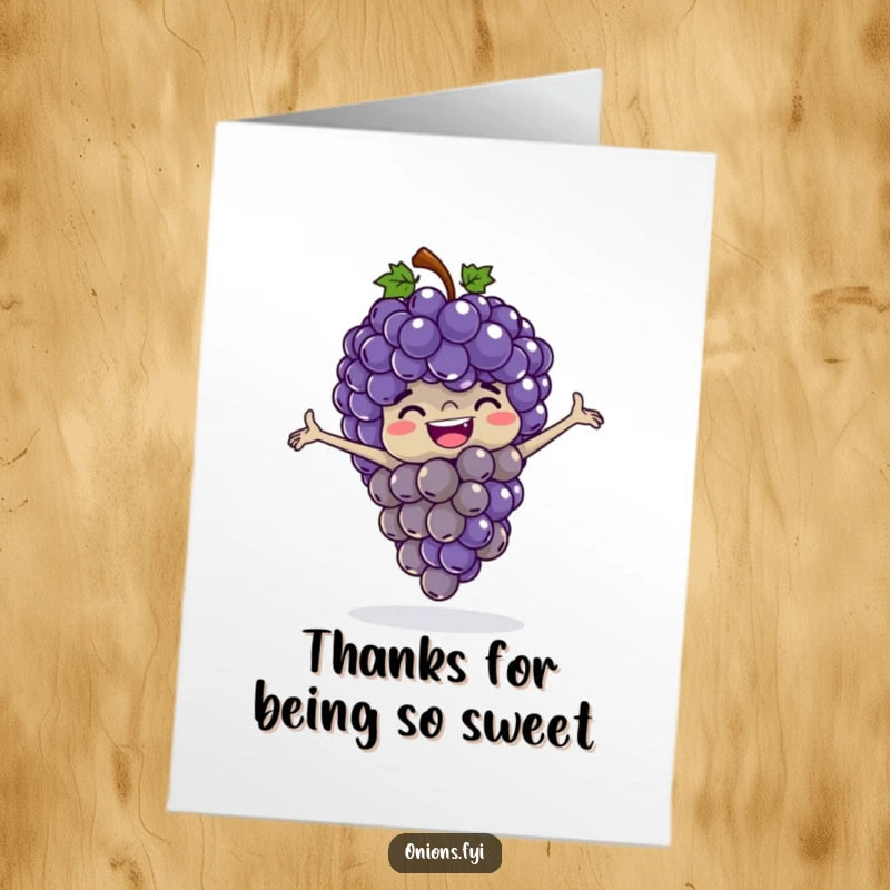 Funny Free Printable Thank You Card: A cheerful bunch of grapes in mid-leap, playing their favorite game, expresses heartfelt thanks.