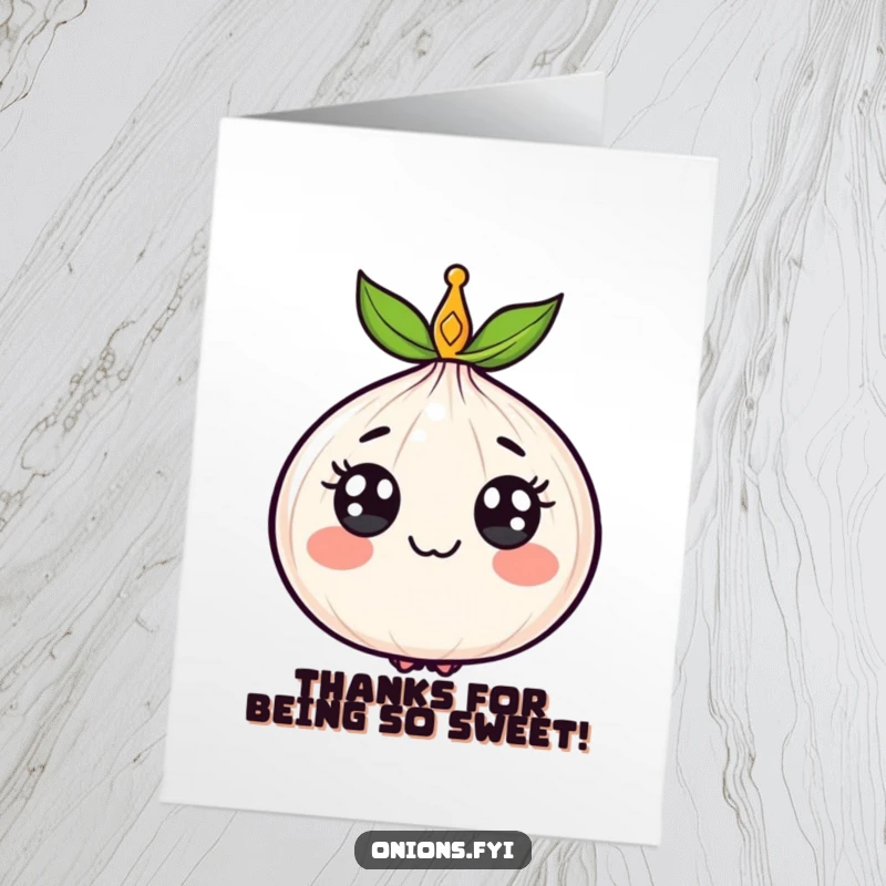 Funny Free Printable Thank You Card: A happy onion wearing a crown, offering sincere thanks with a cheerful expression.