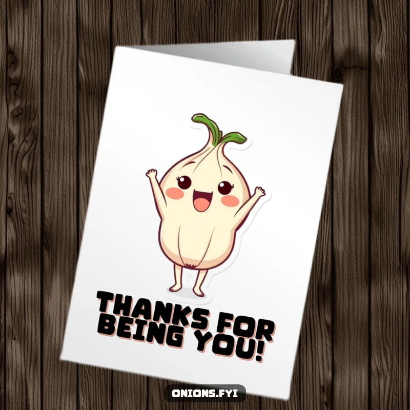 Funny free printable thank you card with a cute onion masterfully doing a headstand to express gratitude hilariously.