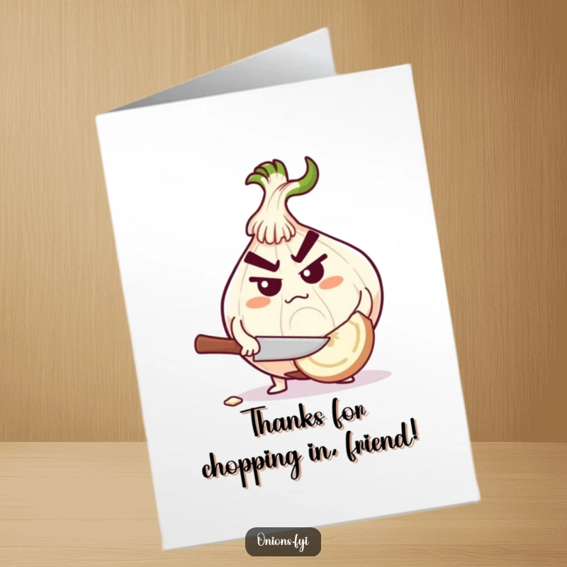 Funny Free Printable Thank You Card: Focused onion character with determined eyes, chopping a large garlic clove with gusto.
