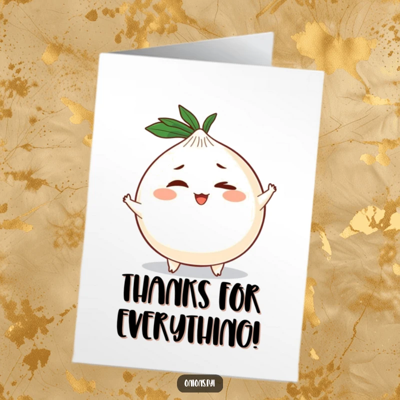 Funny Free Printable Thank You Card featuring a round onion character playfully winking with its small arms and legs.