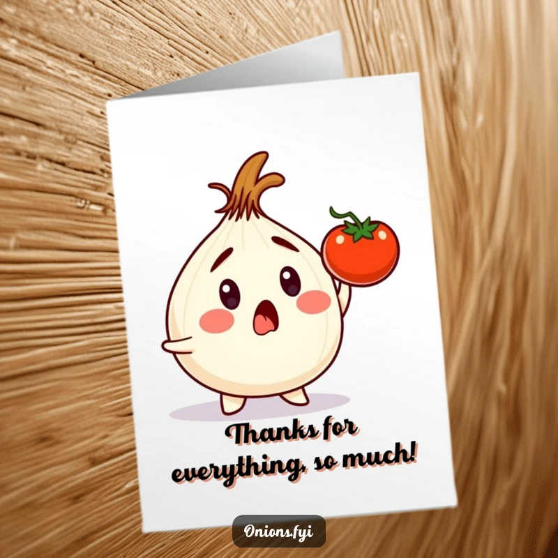 Funny Free Printable Thank You Card featuring a shocked onion narrowly avoiding a falling tomato, expressing relief.