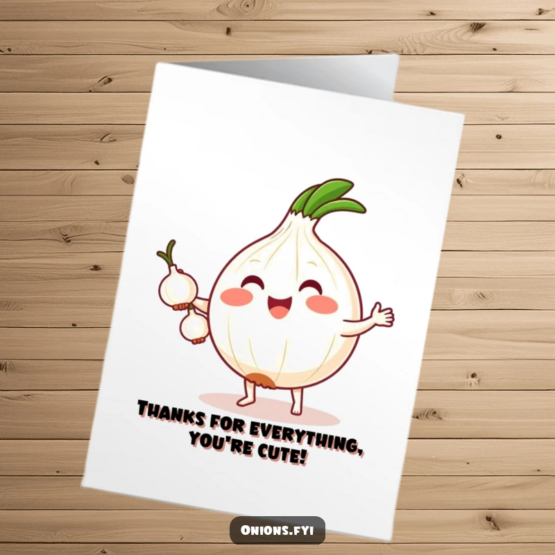 Funny Free Printable Thank You Card: A cheerful kawaii onion with tiny feet is juggling three small onions. DIY gift.