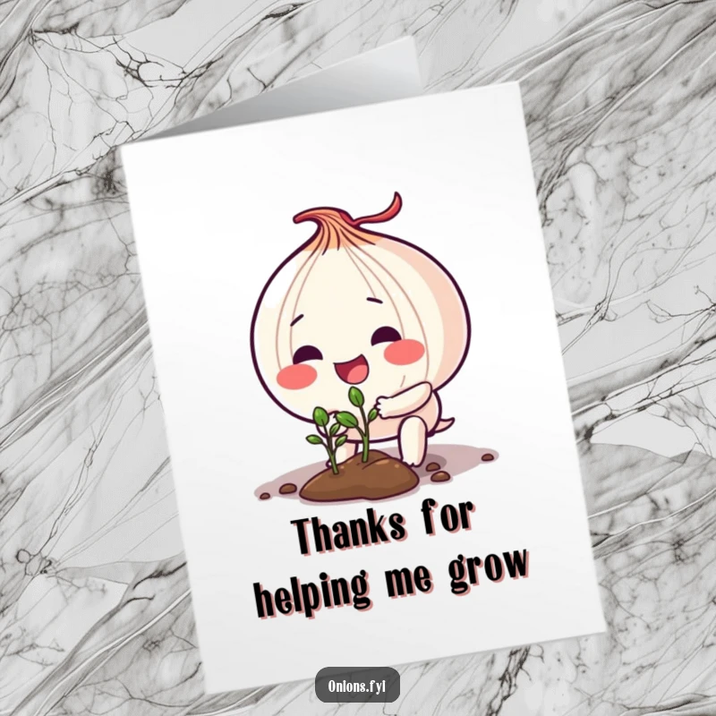 Free Printable Thank You Card: A cheerful onion character diligently plants a small seedling, nurturing growth.