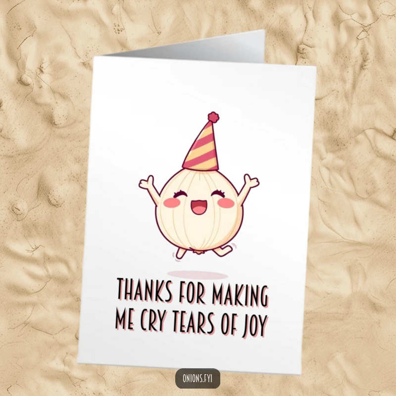 Funny Free Printable thank you card with a joyful onion in a party hat, jumping with gratitude.