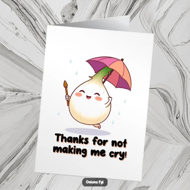 Funny Free Printable Thank You Card: Onion character holding a small umbrella, dancing merrily in a shower of salt, a print at home chuckle.