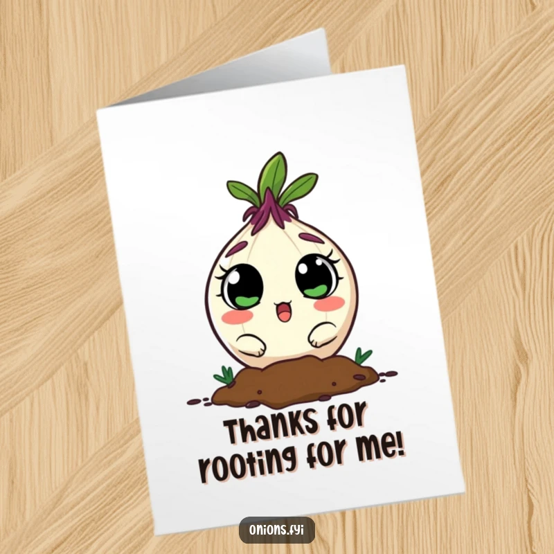 Funny Free Printable Thank You Card: Adorable onion character with wide, shocked eyes, peeking out from rich soil.