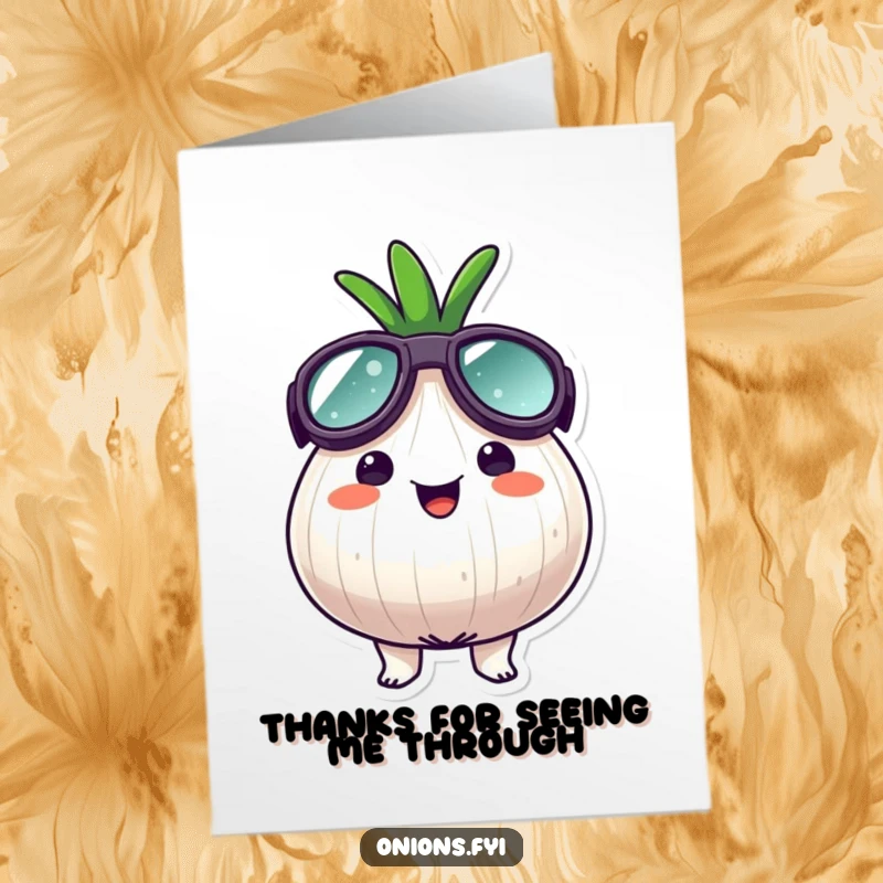 Funny Free Printable Thank You Card: a smiling onion wearing comically large goggles, looking happy and appreciative.