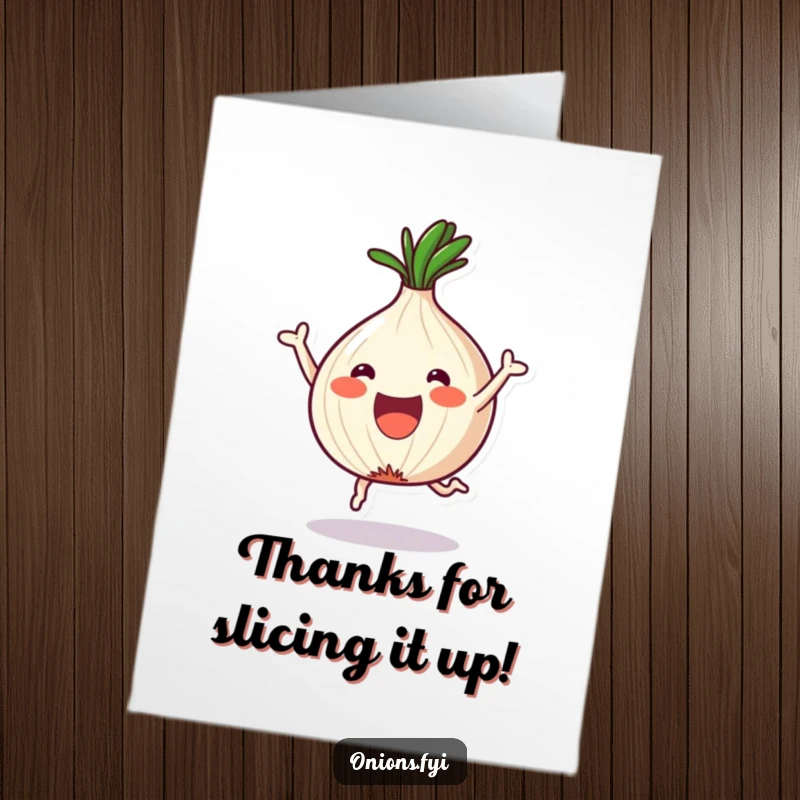 Funny Free Printable Thank You Card: A kawaii onion leaps joyfully after being chopped into a fun shape, thanking you sweetly.