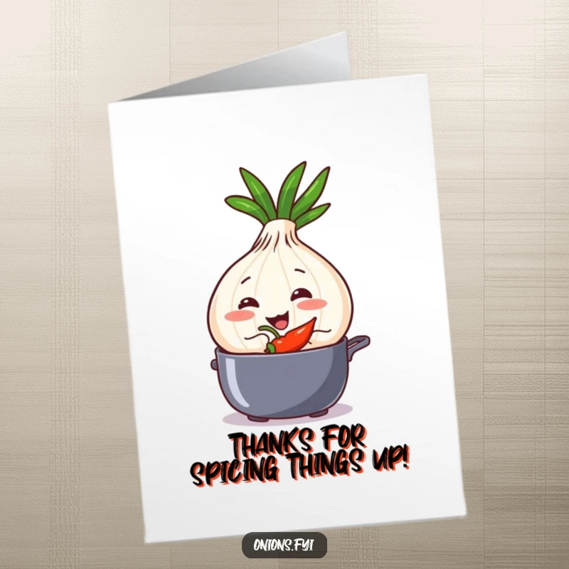 Funny Free Printable Thank You Card where a mischievous onion adds a tiny chili pepper to a pot, making things interesting.