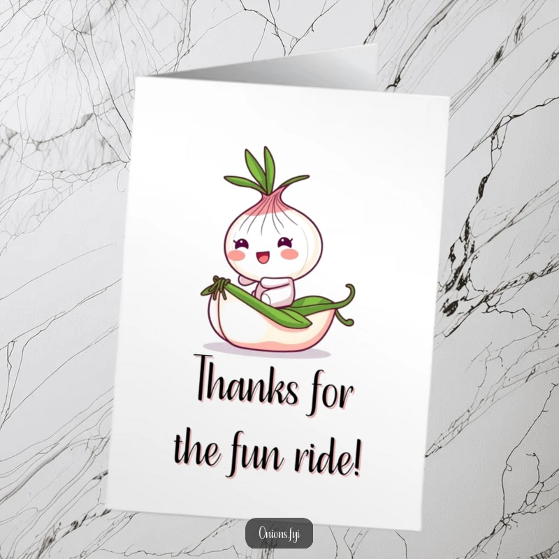 Funny free printable thank you card showing a playful onion character bouncing along on a tiny, rolling pea, expressing thanks with a smile.