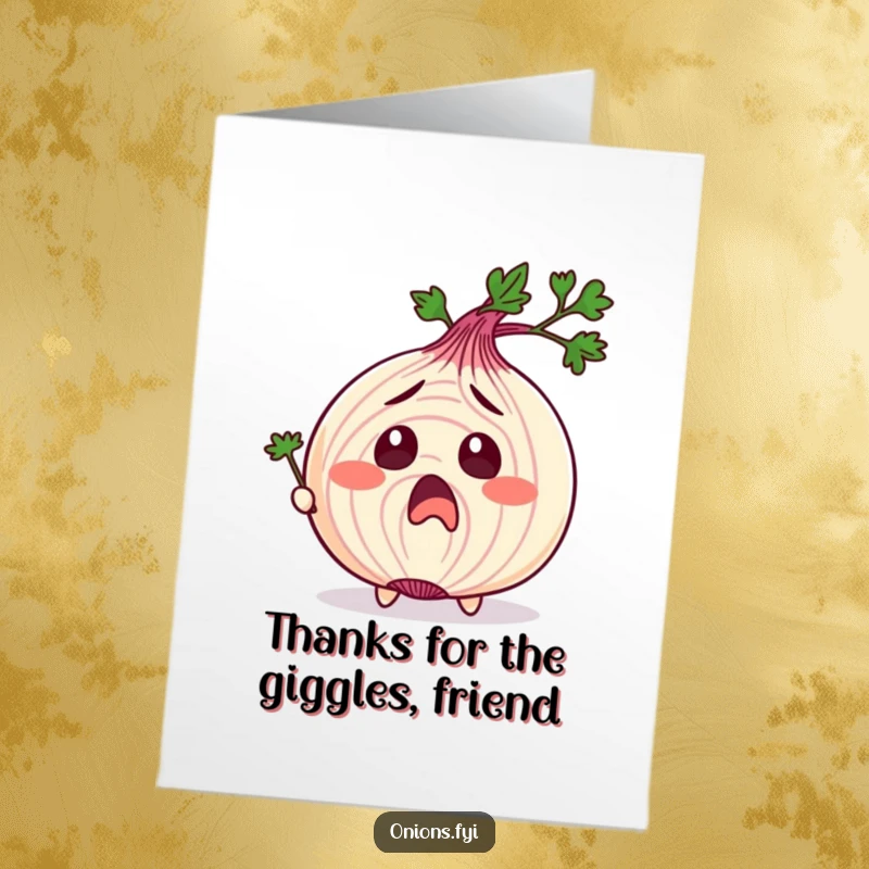 Funny Free Printable Thank You Card: Onion character with wide-eyed surprise being tickled by a parsley sprig, conveying funny thanks.