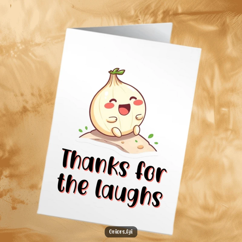 Funny Free Printable Thank You Card: Kawaii onion laughs heartily as it tumbles down a small slope.