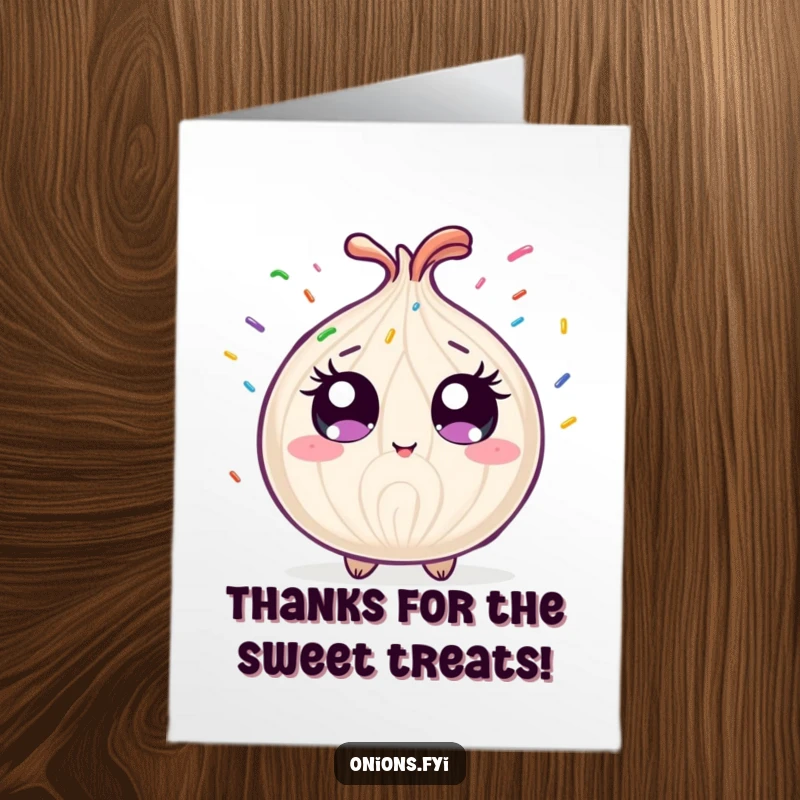 Funny Free Printable thank you card: wide-eyed onion happily covered in rainbow sprinkles, expressing thanks.