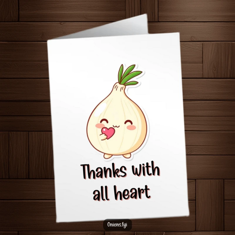 Funny Free Printable Thank You Card: Kawaii onion holds a small heart above its head, radiating affection.
