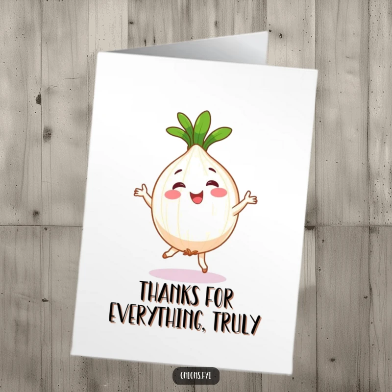 Funny Free Printable Thank You Card depicting a happy onion character enthusiastically performing a silly jig, expressing thanks.