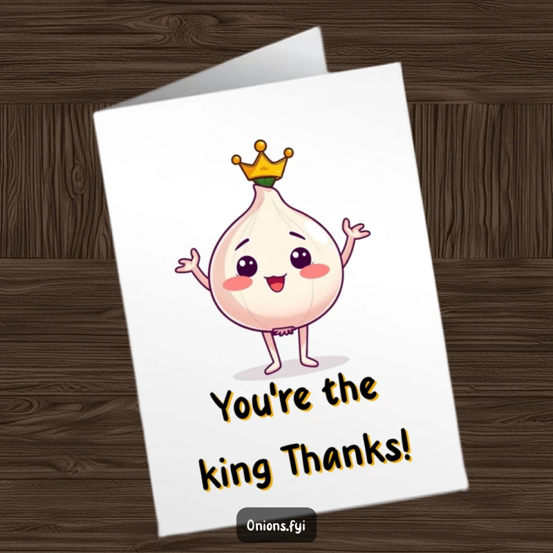 Funny Free Printable Thank You Card: An onion character wearing a tiny crown, striking a proud pose to show thanks.