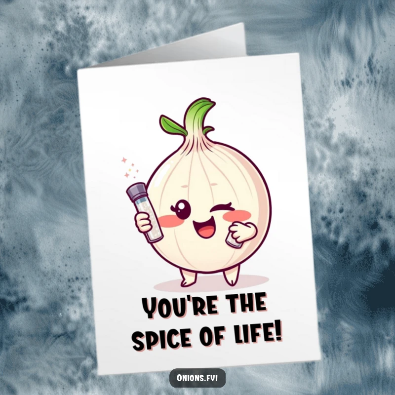 Funny free printable thank you card with a winking onion offering a salt shaker, expressing gratitude with a cheeky twist.