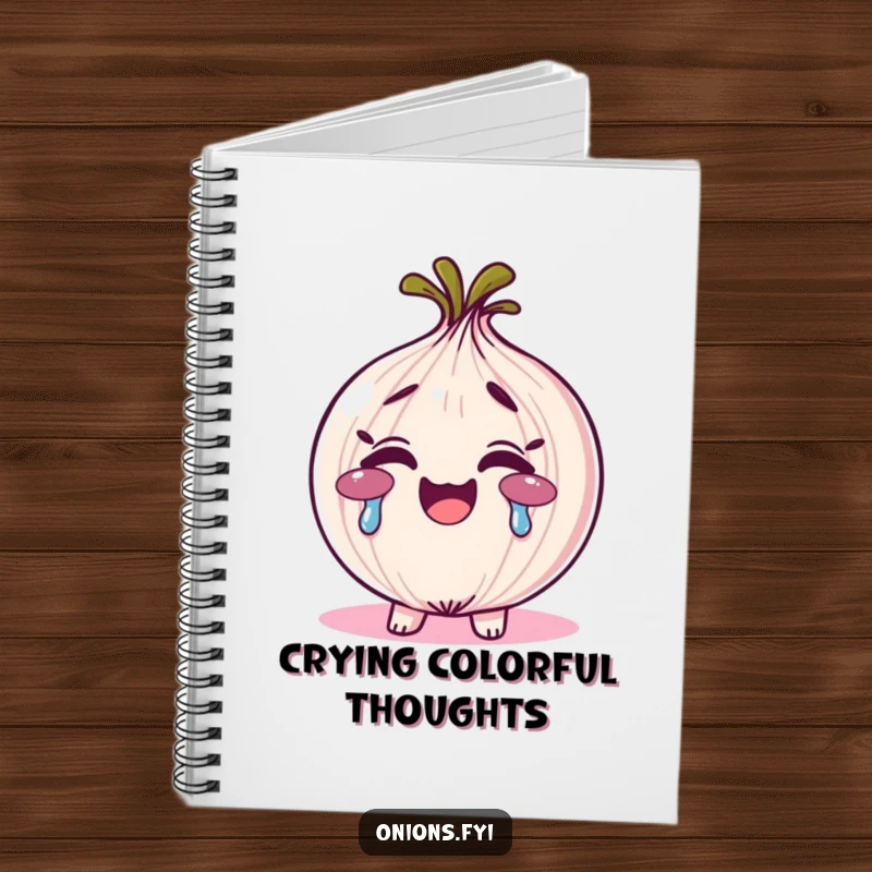 Funny rainbow tears onion notebook, an onion character smiling and crying vibrant rainbow tears, perfect for journaling.