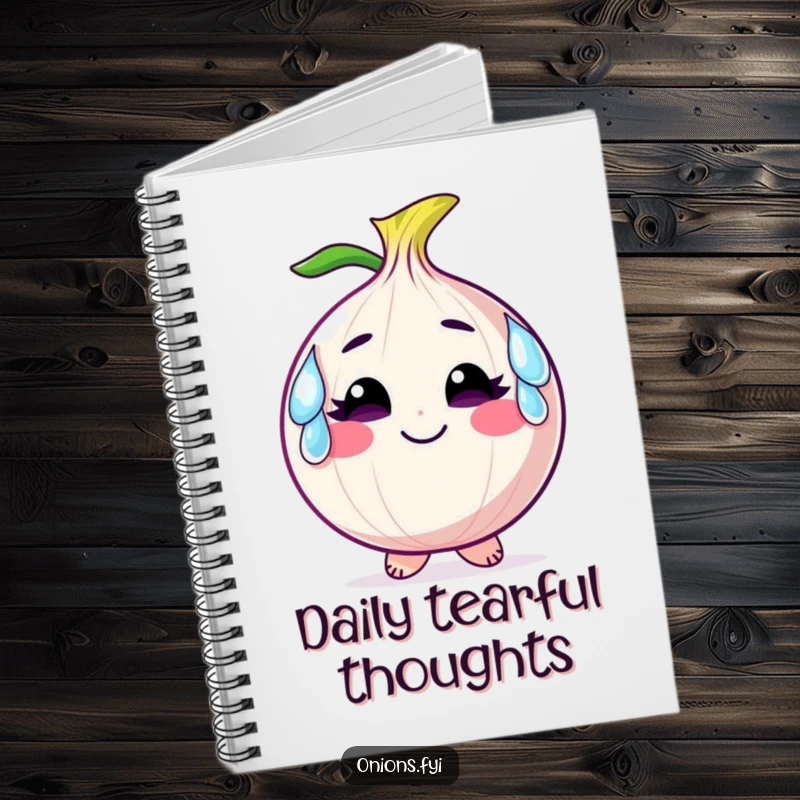 Funny notebook depicting a smiling onion character wearing large, comical tears as earrings, inspiring emotional and humorous note-taking.